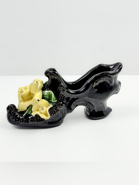 Other - Vintage Ceramic Black High Heel Shoe Figurine Planter Yellow Rose 6”